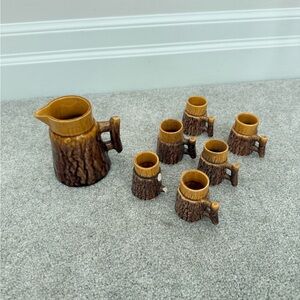 Vintage ceramic tree trunk pitcher and tumbler set